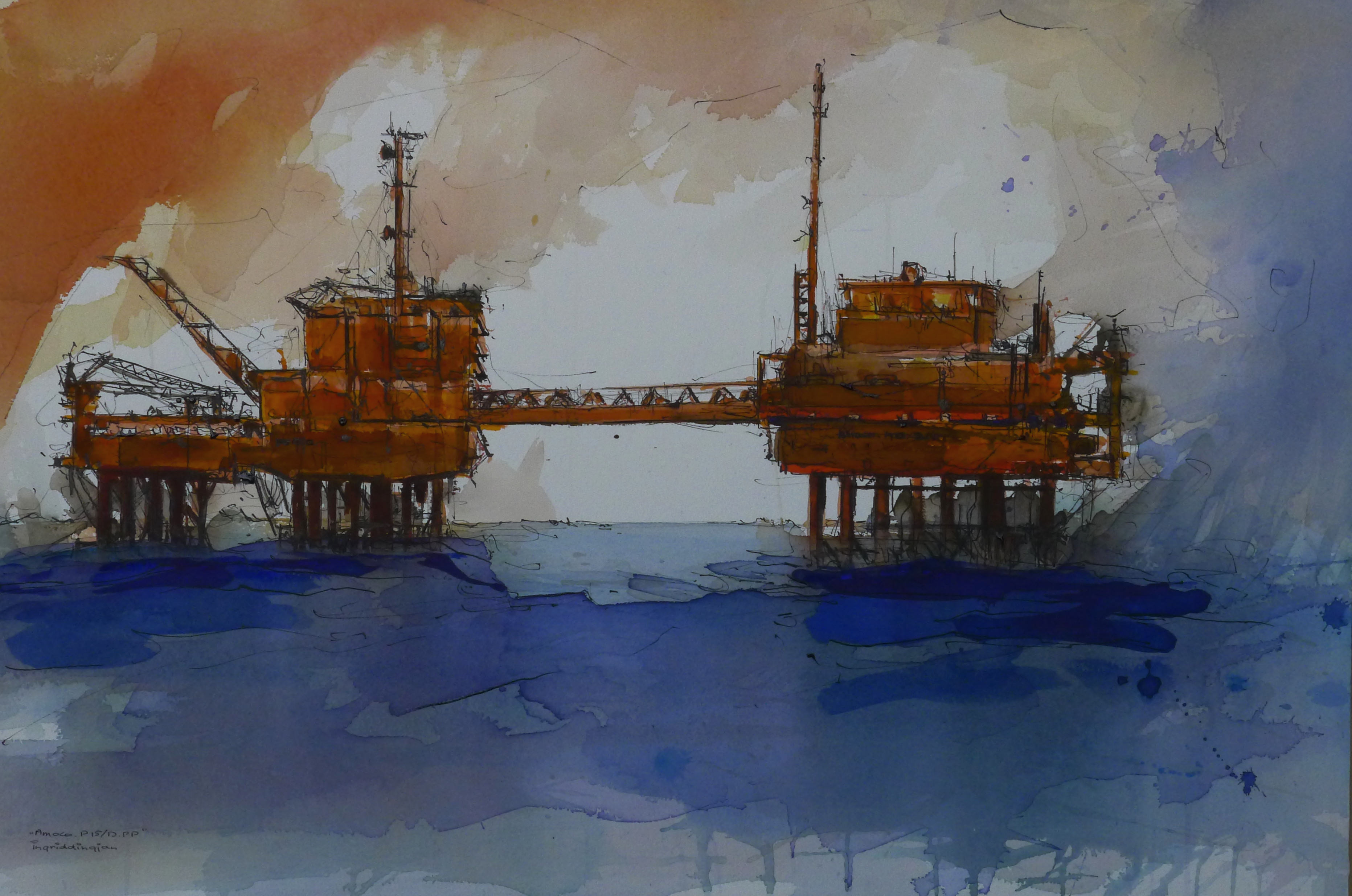Ingrid Dingjan aquarel 70x90, werkeiland in de Noordzee